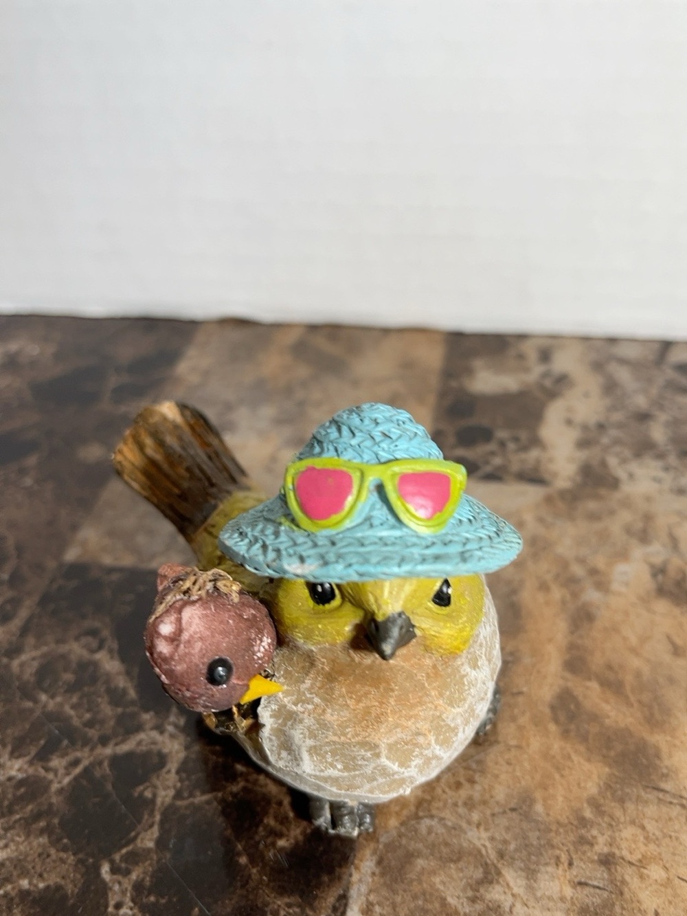 Decorative Yellow Bird Figurine with Blue Hat and Pink Sunglasses